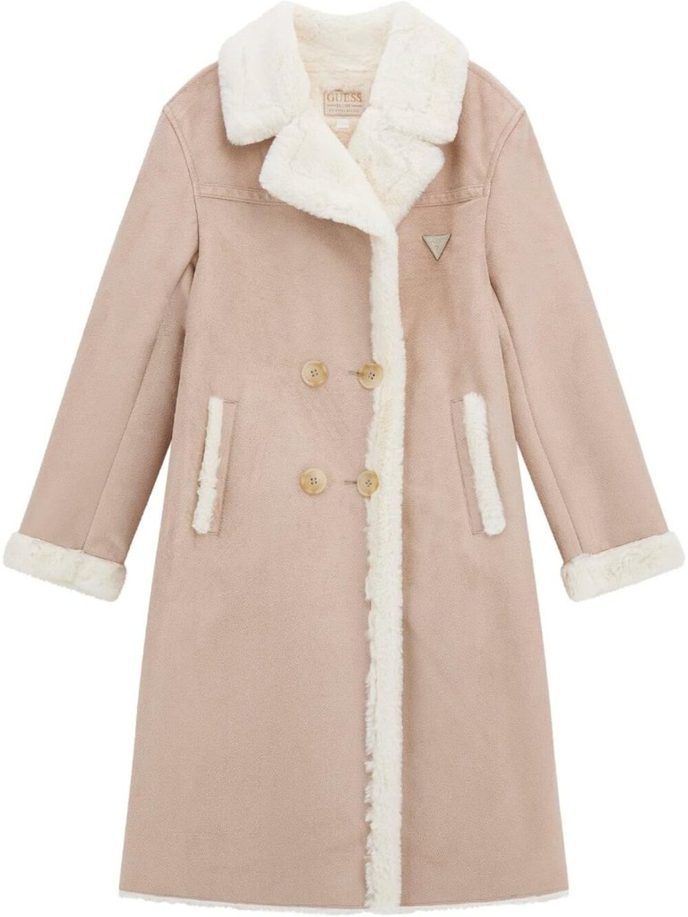 Guess Women's Skin Shadow Long Sleeve Notch Collar SOLID Shearling Coat Jackets